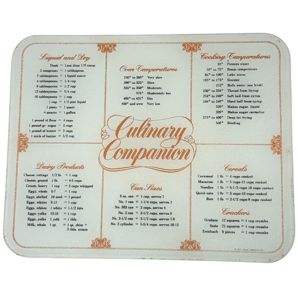 Vintage 70s Culinary Companion Cutting Board Conversion Chart 15x12